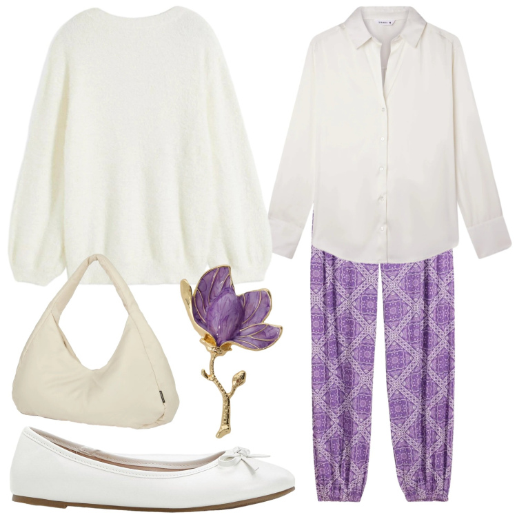 Outfit donna - Tocchi viola su bianco. Stile Romantica per Tutti i giorni. Abbinamento con ballerine, pantaloni, maglieria, camicie, blazer, borse a spalla.