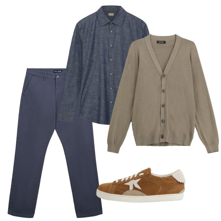 Outfit uomo - Casual curato. Stile Casual per Tutti i giorni. Abbinamento con cardigans, sneakers, pantaloni chino, camicie.