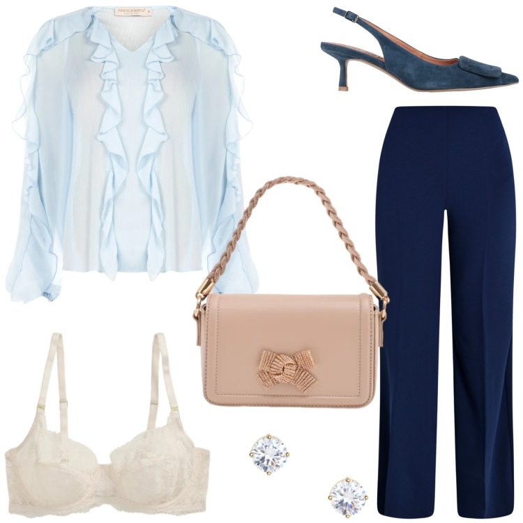 Outfit donna - Serata fuori. Stile Chic per Serata fuori. Abbinamento con décolleté, pantaloni a palazzo, pochette, bluse, reggiseni, orecchini.