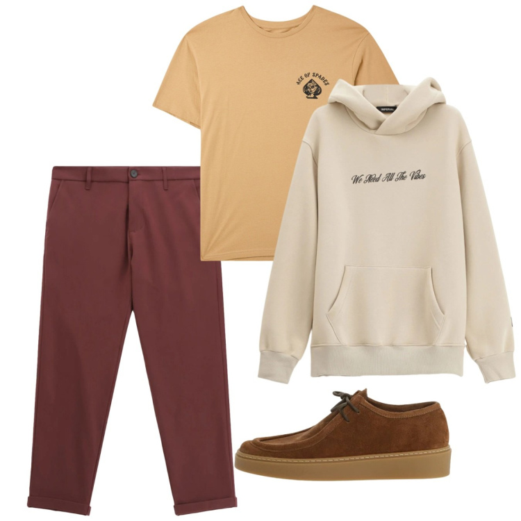 Outfit uomo - Marzo. Stile Casual per Tutti i giorni. Abbinamento con t-shirt, pantaloni, scarpe stringate, felpe con cappuccio.