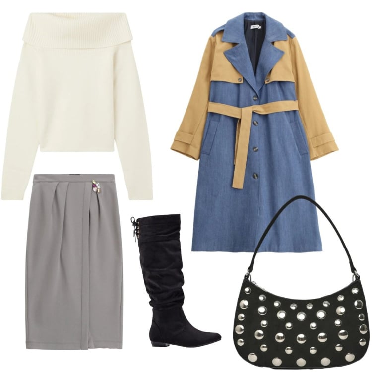 Outfit donna - Total look #2356311. Stile Casual chic per Ufficio. Abbinamento con stivali, maglieria, borse a tracolla, gonne, trench.