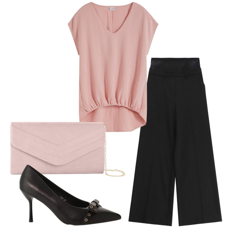 Outfit donna - Total look #2356315. Stile Chic per Serata fuori. Abbinamento con top, pochette, décolleté, pantaloni a palazzo.