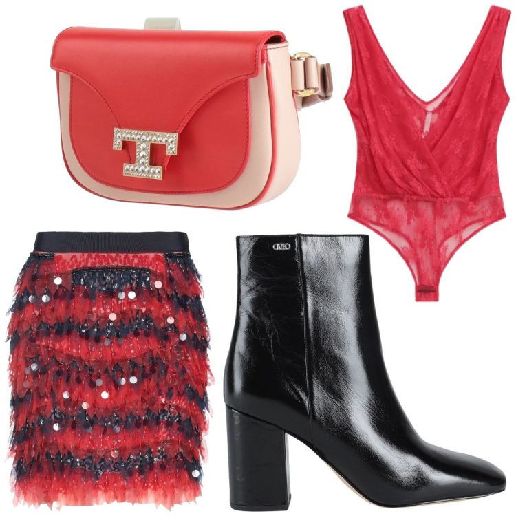 Outfit donna - Uscita in discoteca con le amiche. Stile Chic per Serata fuori. look ideale per Tall. Abbinamento con marsupi, stivaletti, minigonne, top.