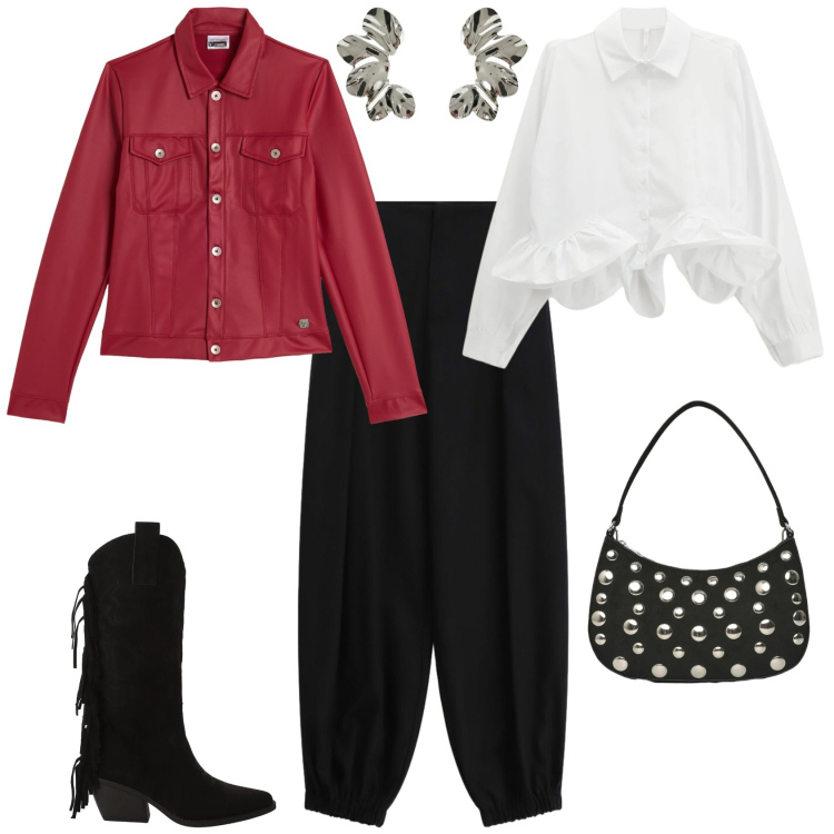 Outfit donna - Serata evento speciale. Stile Boho per Serata fuori. Abbinamento con camicie, stivali, pantaloni a palazzo, borse a tracolla, orecchini, giacche.