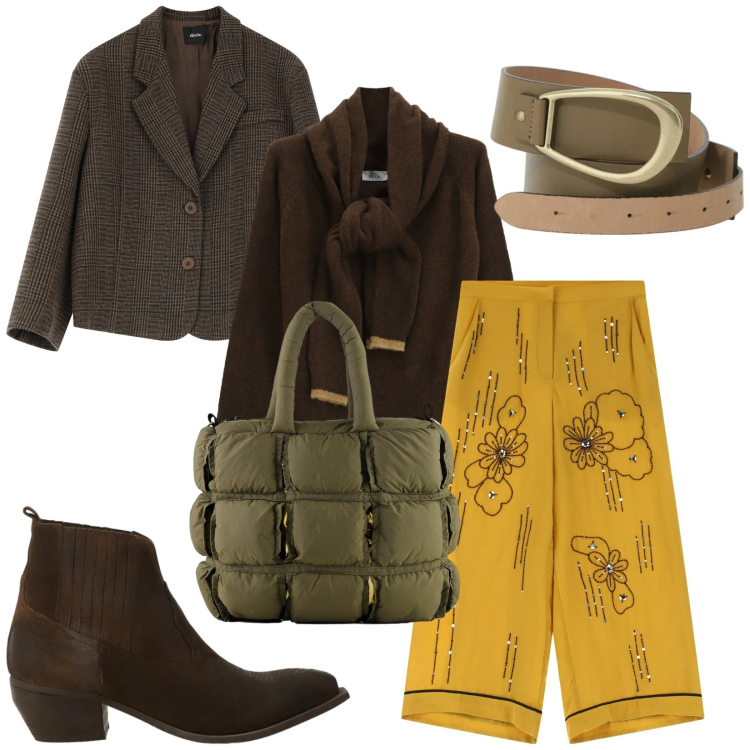 Outfit donna - Primula gialla. Stile Casual chic per Tutti i giorni. Abbinamento con pantaloni, blazer, stivaletti, cinture, maglieria, borse a mano.