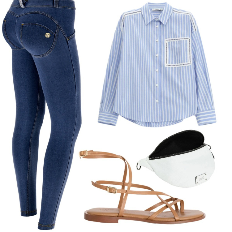 Outfit donna - Giornata di primavera/austunno. Stile Chic per Tutti i giorni. look ideale per Tall. Abbinamento con marsupi, sandali in pelle, camicie, jeggings.