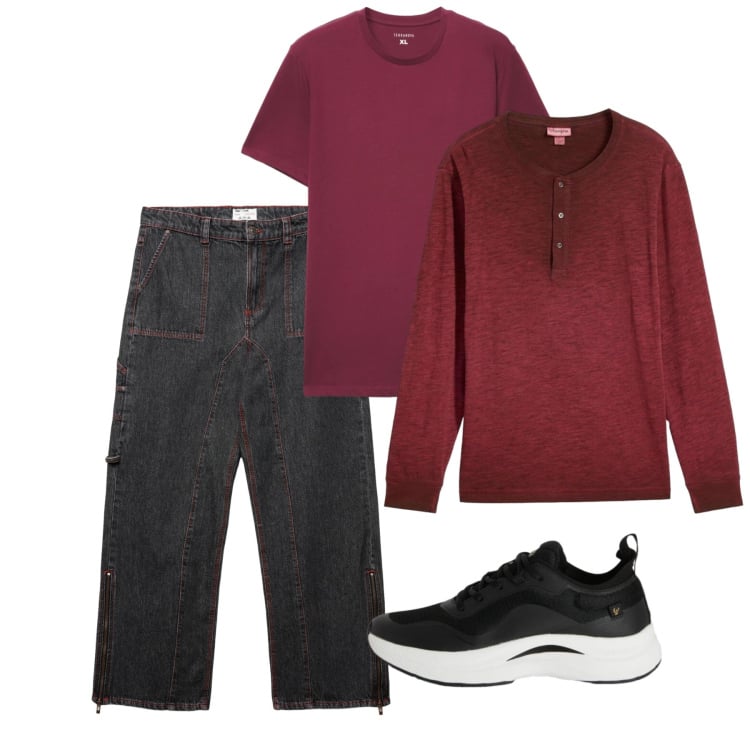 Outfit uomo - Marzo. Stile Urban per Tutti i giorni. Abbinamento con t-shirt, jeans dritti, t-shirt, sneakers.