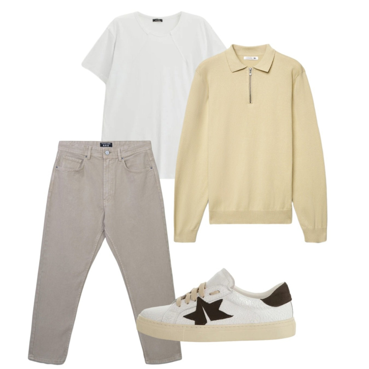 Outfit uomo - Primavera. Stile Casual per Tutti i giorni. Abbinamento con t-shirt, sneakers, jeans, maglieria.