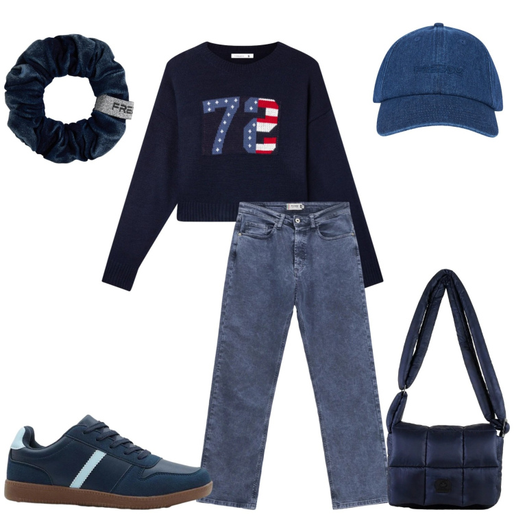 Outfit donna - Total look #2356328. Stile Urban per Tutti i giorni. Abbinamento con sneakers, t-shirt, cappelli con visiera, accessori per capelli, jeans dritti, borse a spalla.
