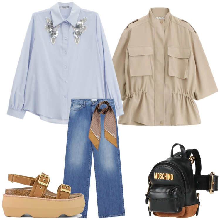 Outfit donna - Glitter Safari. Stile Glamour per Tutti i giorni. Abbinamento con marsupi, sciarpe, parka, camicie, jeans dritti, sandali col tacco.