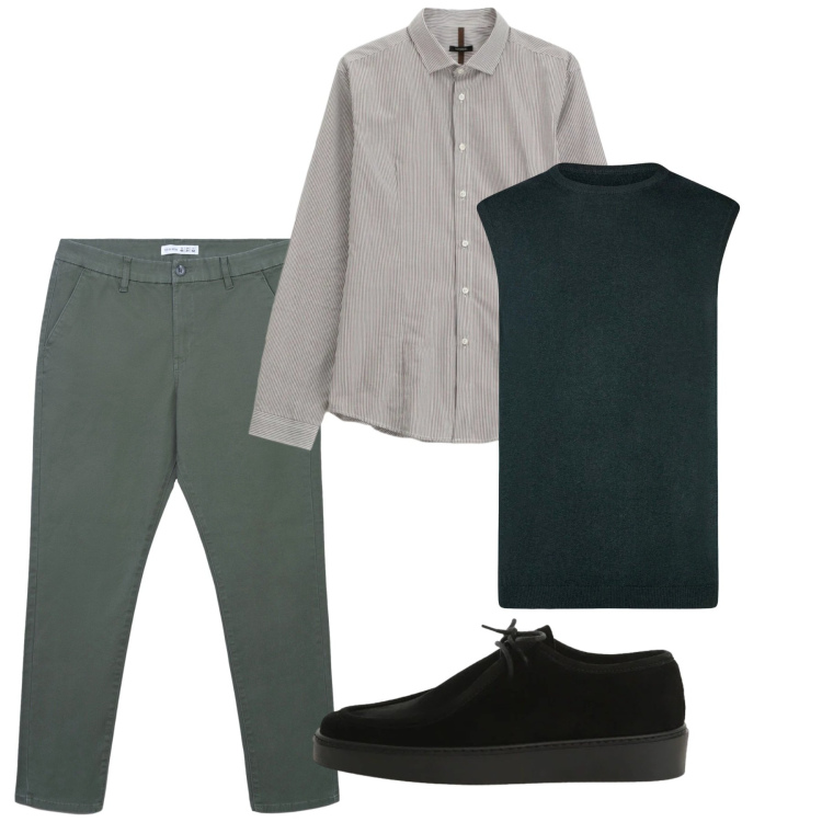 Outfit uomo - Primavera. Stile Casual per Tutti i giorni. Abbinamento con camicie, scarpe stringate, pantaloni chino, gilet.