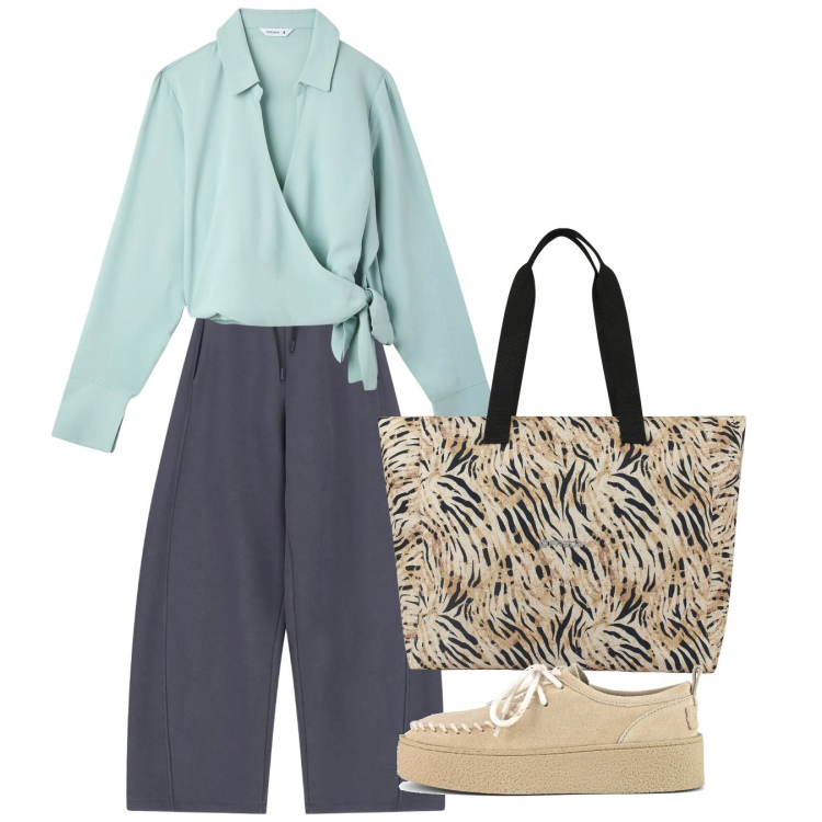 Outfit donna - Marzo. Stile Basic per Tutti i giorni. Abbinamento con camicie, pantaloni a palazzo, shopping bag, mocassini.