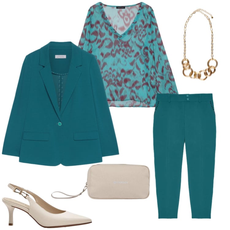 Outfit donna - Armonia di Sfumature Marine. Stile Glamour per Tutti i giorni. Abbinamento con décolleté, pantaloni chino, bluse, blazer, collane, valigie.
