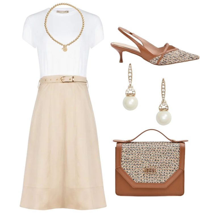 Outfit donna - Aperitivo Rinascimento. Stile Casual chic per Tutti i giorni. Abbinamento con vestiti midi/longuette, pochette, décolleté, collane, orecchini.