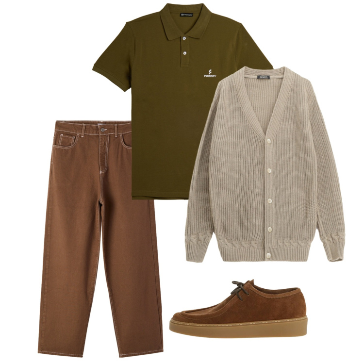 Outfit uomo - Marzo. Stile Casual per Tutti i giorni. Abbinamento con cardigans, scarpe stringate, pantaloni, polo.