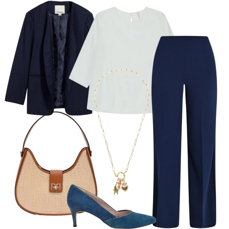Outfit donna - In ufficio con un tocco glamour. Stile Mannish per Ufficio. Abbinamento con décolleté, blazer, pantaloni a palazzo, borse a spalla, bluse, ciondoli.