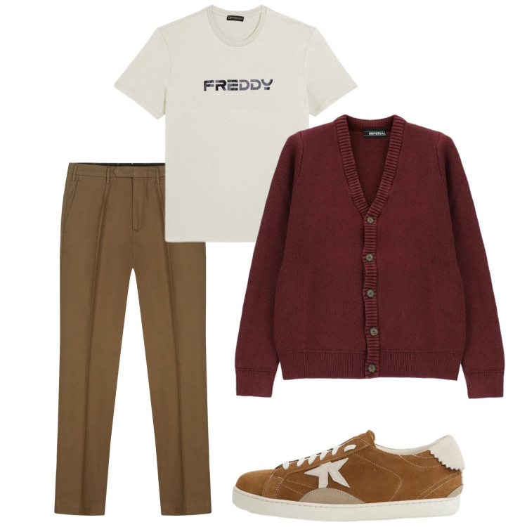 Outfit uomo - Primavera. Stile Casual per Tutti i giorni. Abbinamento con sneakers, cardigans, t-shirt, pantaloni.
