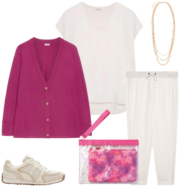 Outfit donna - Il Relax si tinge di Glamour. Stile Glamour per Tutti i giorni. Abbinamento con sneakers alte, pochette, cardigans, pantaloni, bluse, collane.