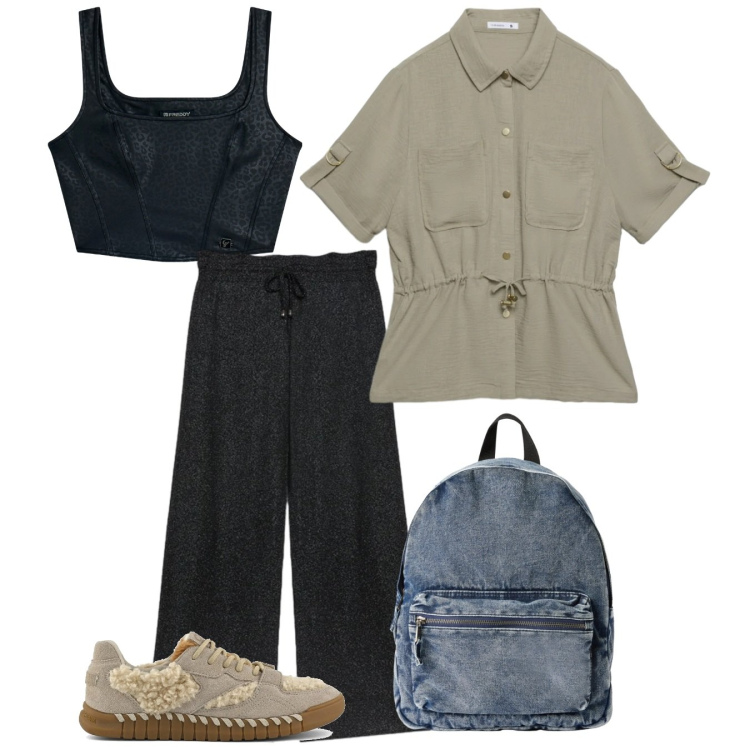 Outfit donna - Marzo. Stile Basic per Tutti i giorni. Abbinamento con camicie a manica corta, zaini, pantaloni, top, sneakers.