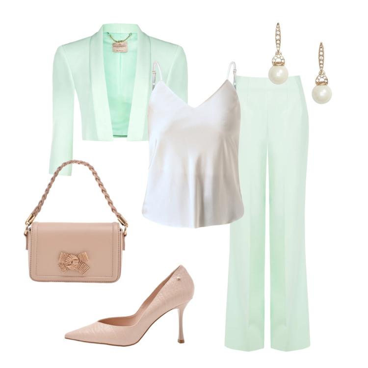 Outfit donna - Pastello elegante, chic. Stile Chic per Cerimonia. Abbinamento con top, pochette, décolleté, bolero, pantaloni a palazzo, orecchini.
