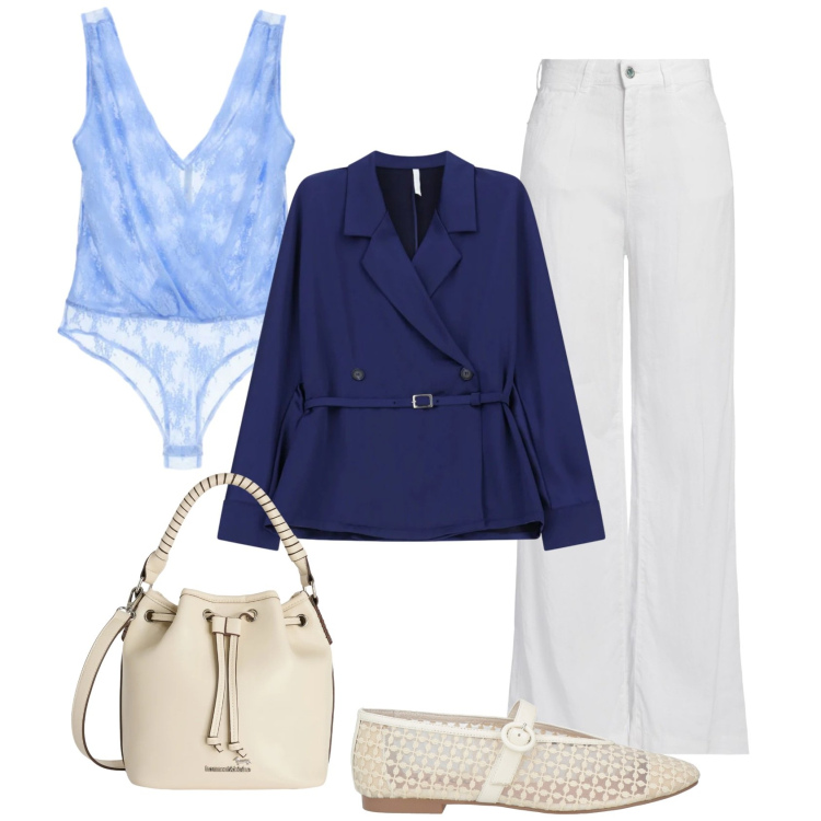 Outfit donna - Blazer blu marine. Stile Chic per Tutti i giorni. Abbinamento con jeans, ballerine, borse a secchiello, top, blazer.