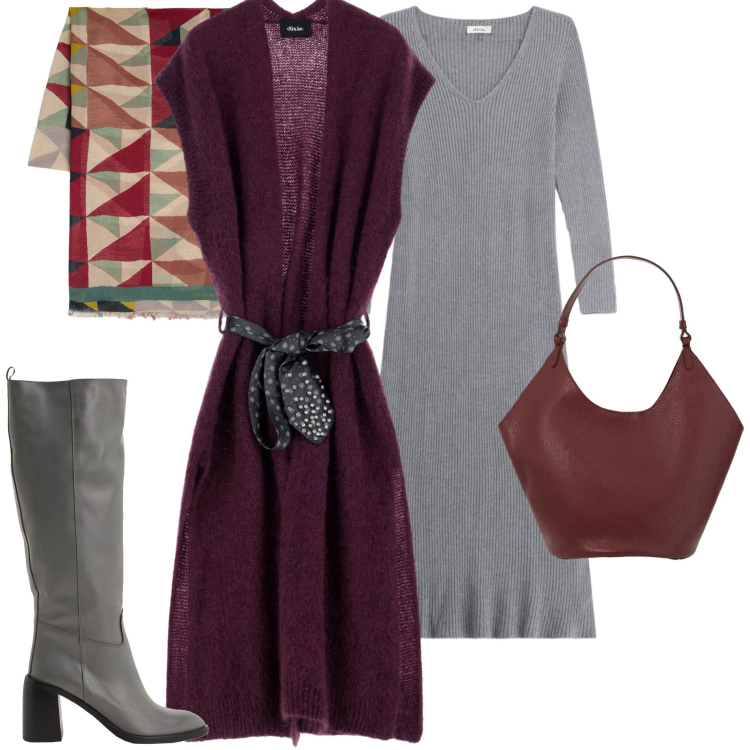 Outfit donna - Marzo freddoloso. Stile Casual chic per Tutti i giorni. Abbinamento con stivali sopra il ginocchio, sciarpe, gilet, borse a spalla, vestiti midi/longuette.
