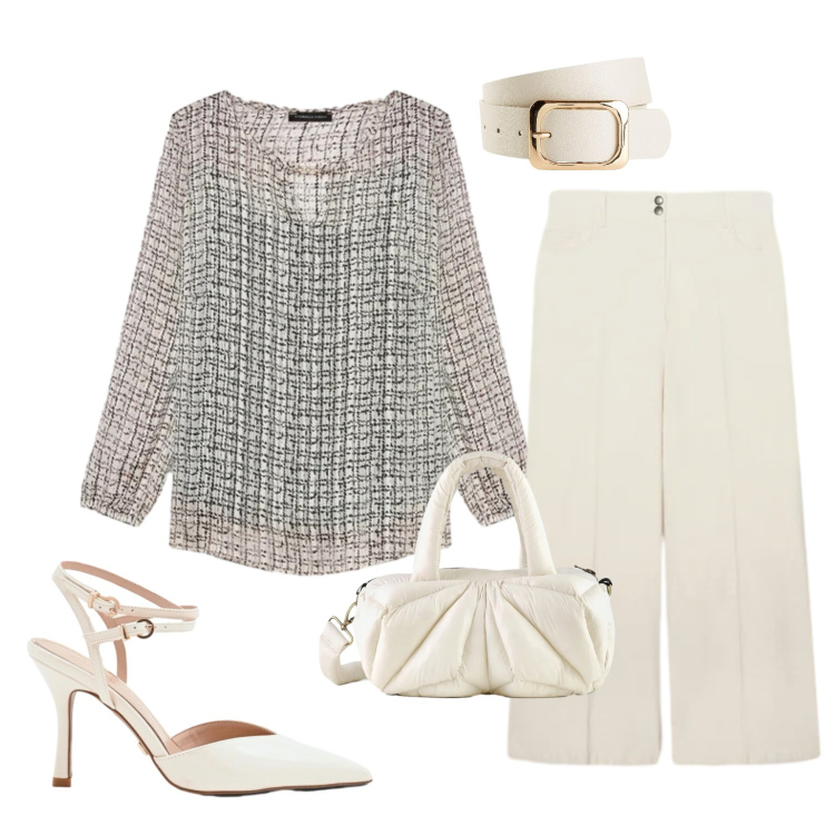 Outfit donna - Luminous Ivory. Stile Casual chic per Tutti i giorni. Abbinamento con cinture, bluse, pantaloni chino, décolleté, borse a mano.