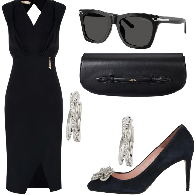Outfit donna - Total Black. Stile Chic per Cerimonia. Abbinamento con décolleté, vestiti asimmetrici, occhiali da sole, clutch, orecchini.