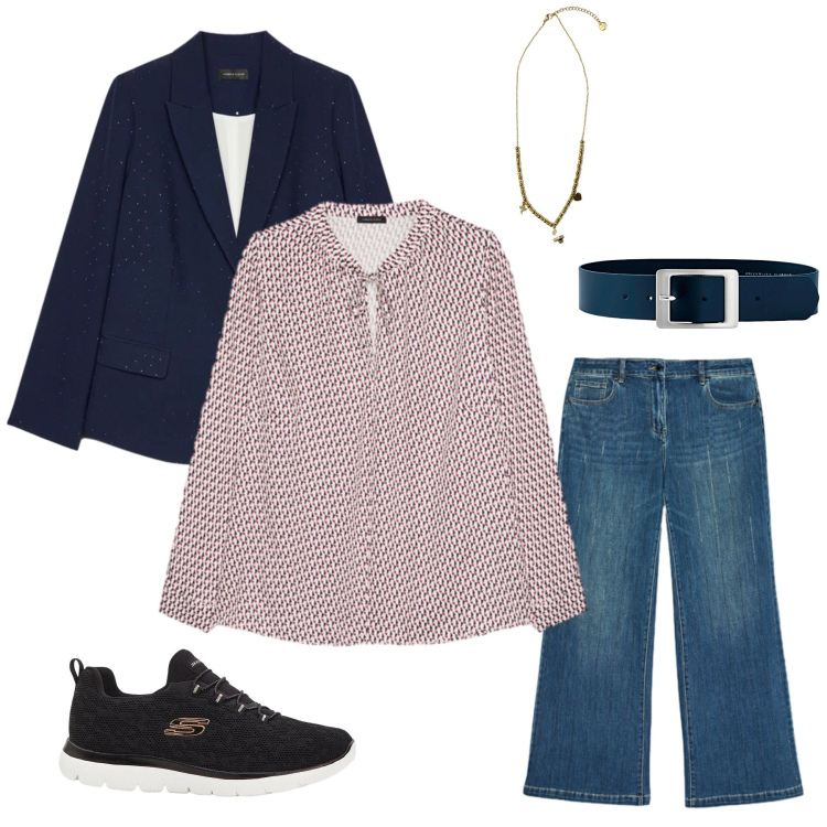 Outfit donna - Navy Dynamics. Stile Glamour per Tutti i giorni. Abbinamento con sneakers, cinture, blazer, bluse, jeans dritti, ciondoli.