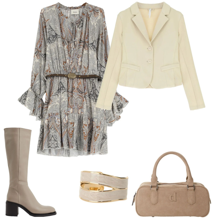 Outfit donna - Aperitivo con le amiche. Stile Casual per Serata fuori. Abbinamento con stivali, blazer, vestiti corti, anelli, cappotti.