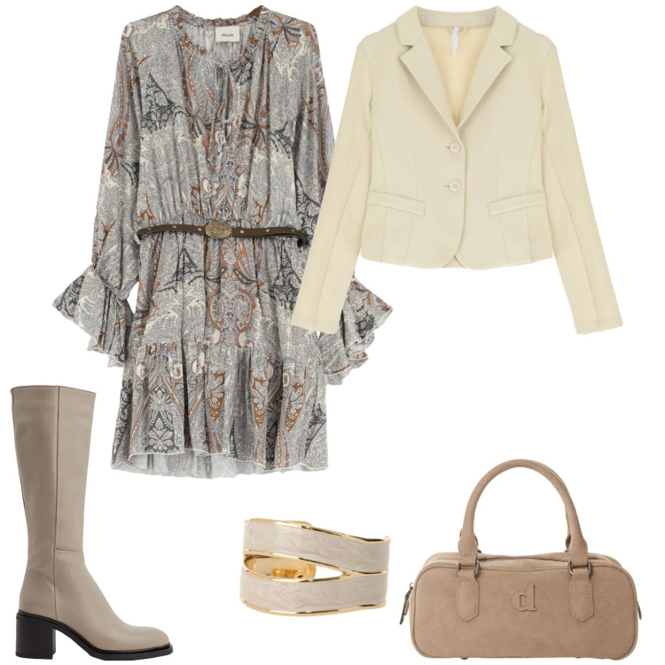 Outfit donna - Aperitivo pomeridiano. Stile Casual per Serata fuori. Abbinamento con stivali, blazer, vestiti corti, cappotti, anelli.