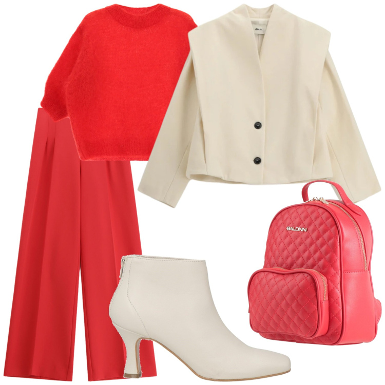 Outfit donna - Look. Stile Casual chic per Tutti i giorni. Abbinamento con stivaletti, zaini, maglieria, blazer, pantaloni a palazzo.