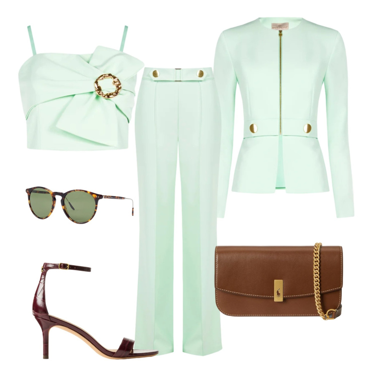 Outfit donna - Freschezza alla menta. Stile Chic per Cerimonia. Abbinamento con top, blazer, pantaloni, occhiali da sole, sandali in pelle, clutch.