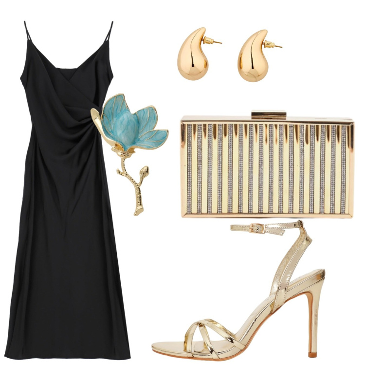 Outfit donna - Luce. Stile Chic per Serata fuori. Abbinamento con orecchini, vestiti midi/longuette, sandali col tacco, blazer, clutch.