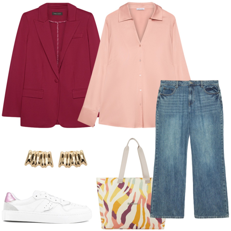 Outfit donna - Eleganza Urbana tra Rosa e Lampone. Stile Casual chic per Tutti i giorni. Abbinamento con blazer, camicie, jeans, shopping bag, orecchini, sneakers.