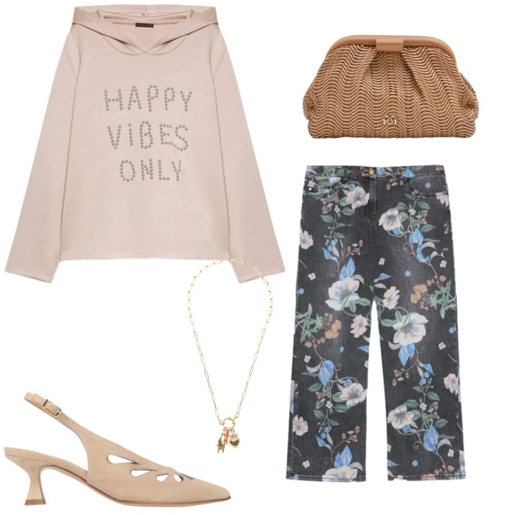 Outfit donna - Comfort con un Tocco Romantico. Stile Casual chic per Tutti i giorni. Abbinamento con décolleté, felpe con cappuccio, jeans, pochette, ciondoli.