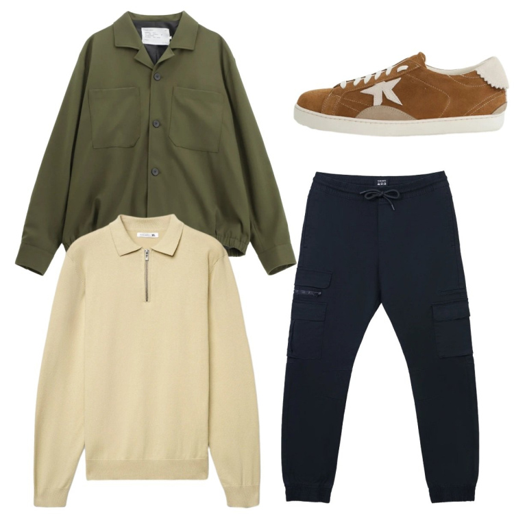 Outfit uomo - Total look. Stile Urban per Tutti i giorni. Abbinamento con cappotti, sneakers, pantaloni cargo, maglieria.