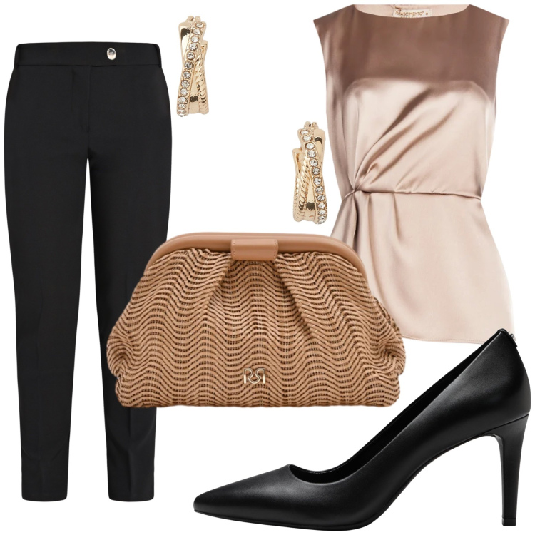 Outfit donna - Total look #2356389. Stile Casual chic per Ufficio. Abbinamento con décolleté, pantaloni, pochette, bluse, orecchini.