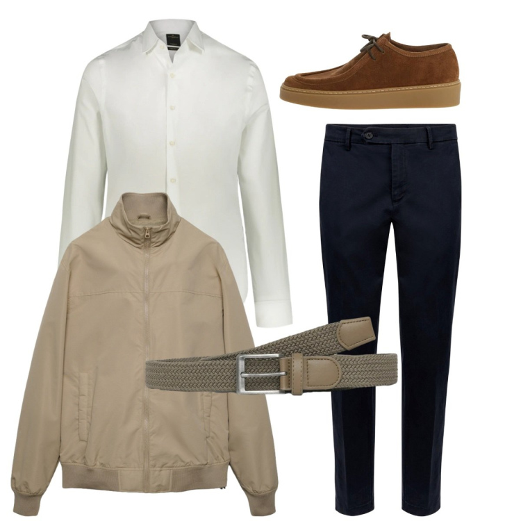 Outfit uomo - Total look. Stile Casual per Tutti i giorni. Abbinamento con scarpe stringate, cinture, bomber, camicie, pantaloni chino.