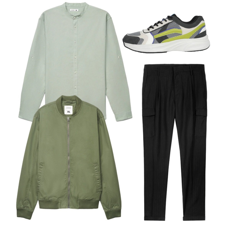 Outfit uomo - Total look. Stile Urban per Tutti i giorni. Abbinamento con sneakers, bomber, camicie, pantaloni cargo.