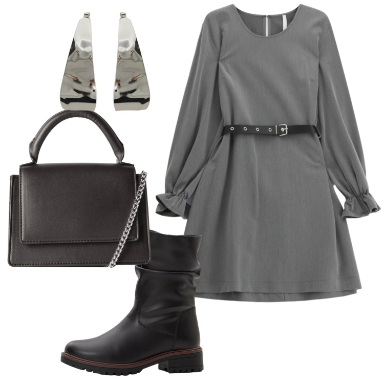 Outfit donna - Total look #2356396. Stile Trendy per Ufficio. Abbinamento con stivali, borse a tracolla, vestiti corti, orecchini.