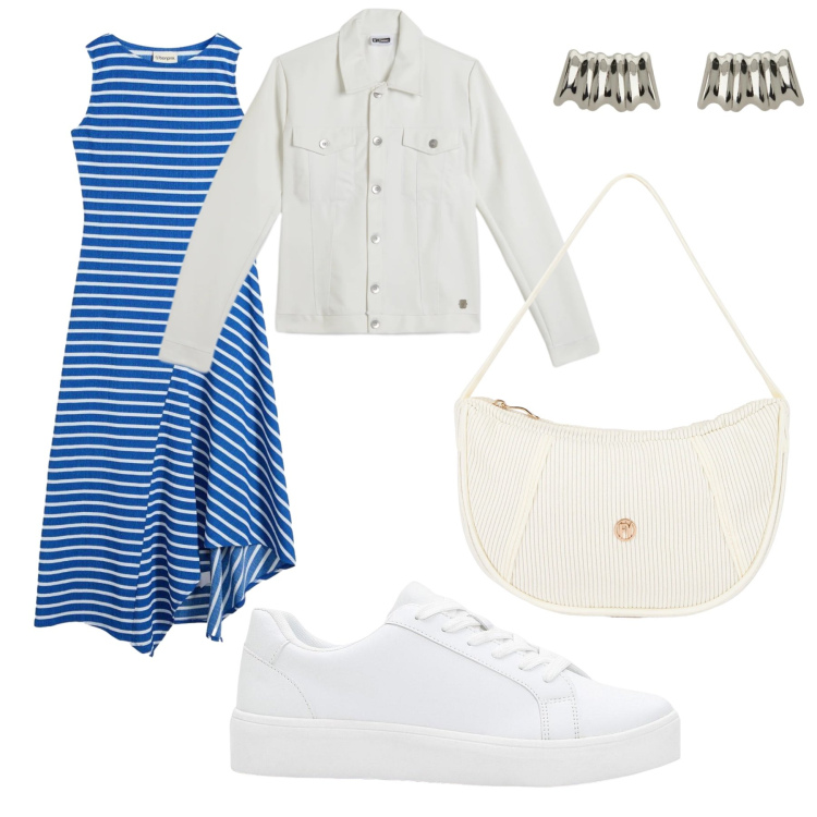 Outfit donna - Pomeriggio azzurro. Stile Basic per Tutti i giorni. Abbinamento con vestiti lunghi, sneakers, orecchini, giacche, borse a mano.