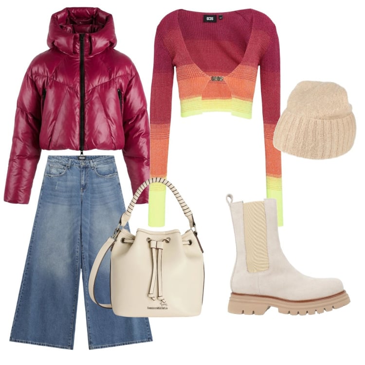 Outfit donna - Neve al sole. Stile Urban per Scuola/Università. Abbinamento con pullovers, stivaletti, cappelli, borse a secchiello, jeans, piumini.