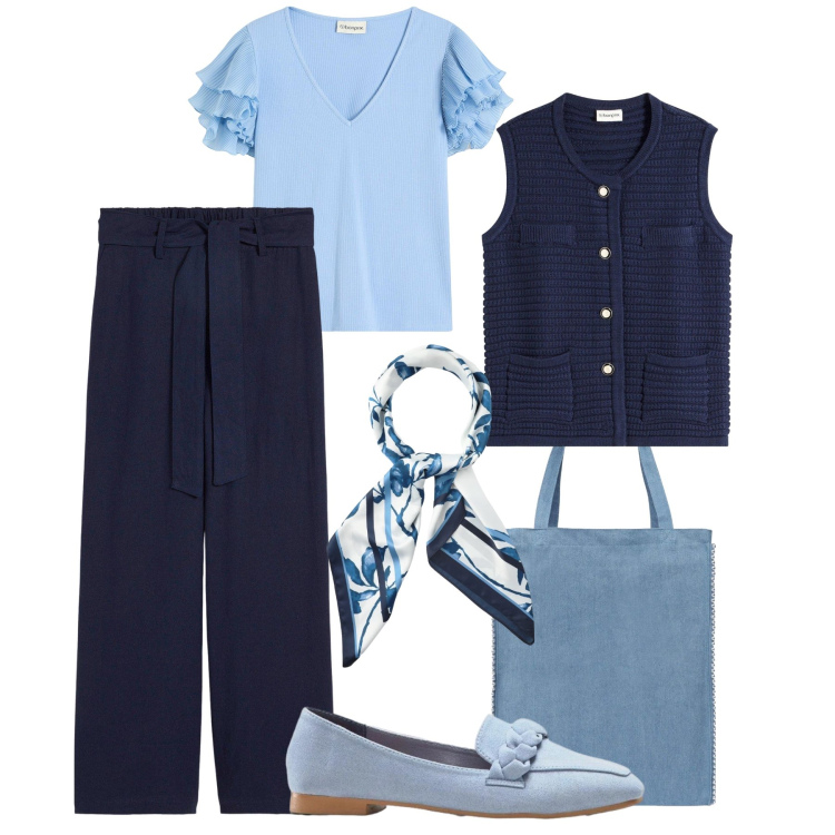 Outfit donna - Daily blu e azzurro. Stile Sporty chic per Tutti i giorni. Abbinamento con pantaloni culotte, bluse, maglieria, mocassini, borse tote, foulard.