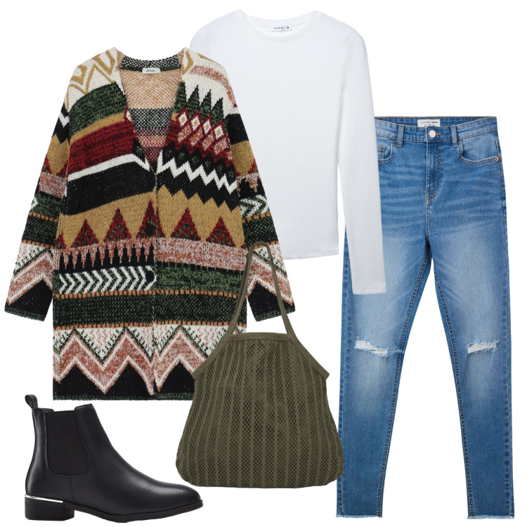 Outfit donna - Total look #2356405. Stile Etnico per Tutti i giorni. Abbinamento con stivaletti, jeans strappati, t-shirt, shopping bag, cappotti.