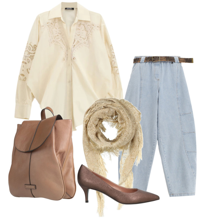 Outfit donna - Marzo. Stile Casual per Tutti i giorni. Abbinamento con zaini, décolleté, stole, jeans, camicie.