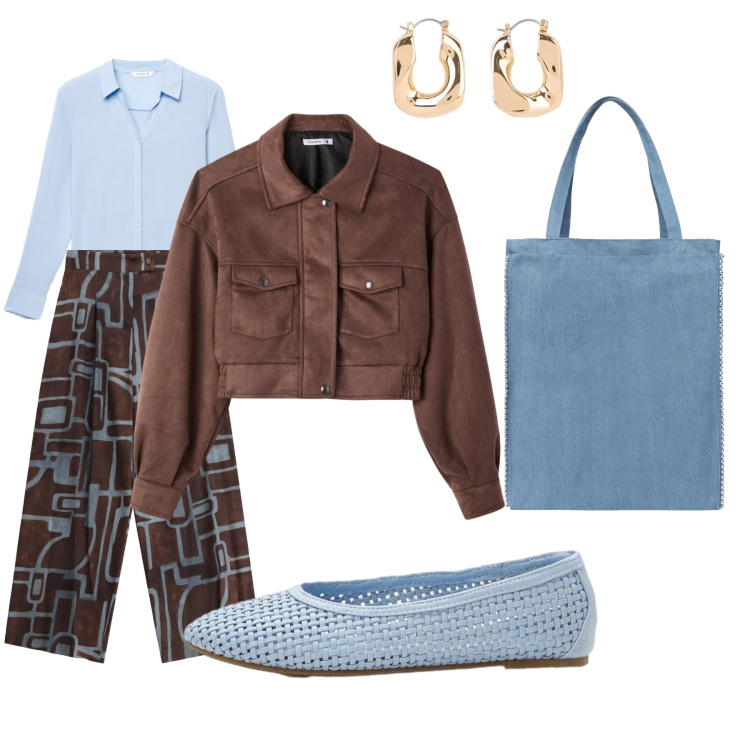 Outfit donna - Anche oggi di corsa. Stile Casual per Tutti i giorni. Abbinamento con orecchini, ballerine, borse tote, camicie, bomber, pantaloni a palazzo.