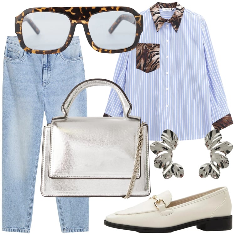 Outfit donna - Total look #2356412. Stile Chic per Serata fuori. Abbinamento con mocassini, jeans mom, borse a tracolla, occhiali da sole, orecchini, camicie.