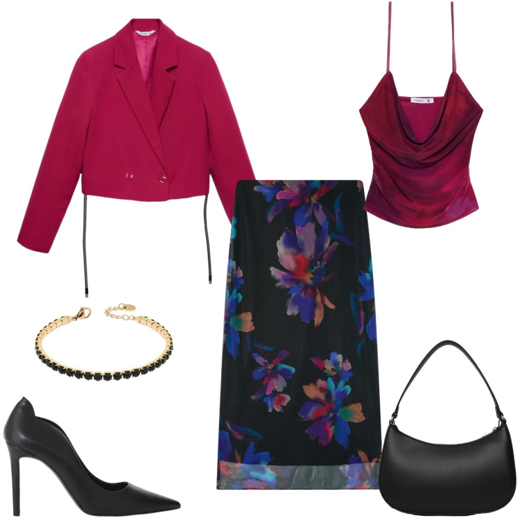 Outfit donna - Serata con stile. Stile Casual chic per Serata fuori. Abbinamento con gonne lunghe, blazer, borse a tracolla, top, décolleté, braccialetti.
