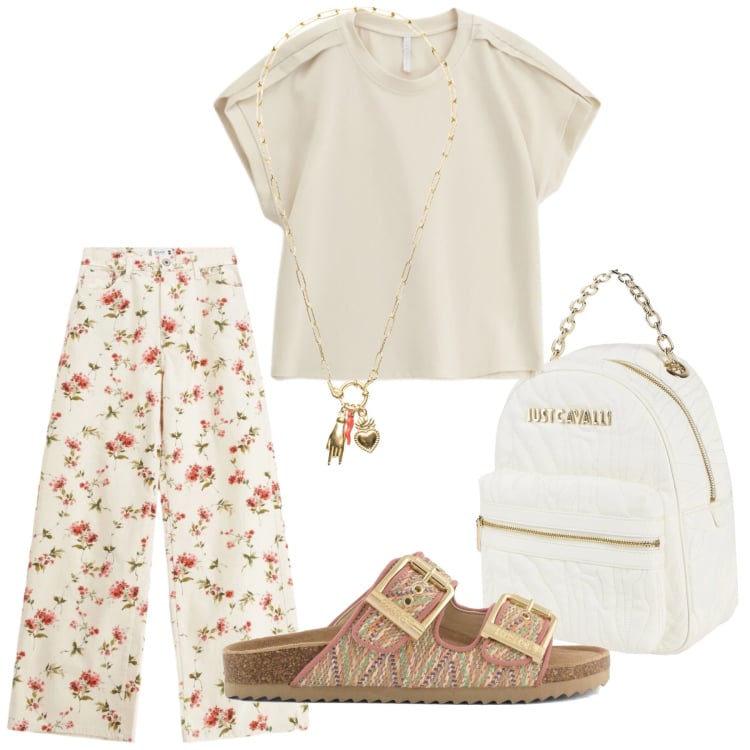 Outfit donna - Look. Stile Casual per Tutti i giorni. Abbinamento con zaini, top, pantaloni a palazzo, ciondoli, sandali.